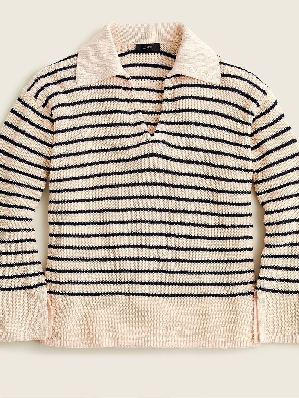 J. Crew Cream and Black Striped V‑Neck Collared Sweater-100% cotton